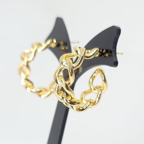 NWT 18K Gold Curb Chain Links Hoop Huggie Earring - Picture 2 of 8